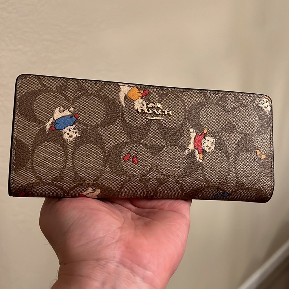 Coach Slim Wallet In Signature Canvas With Cat Mittens Print